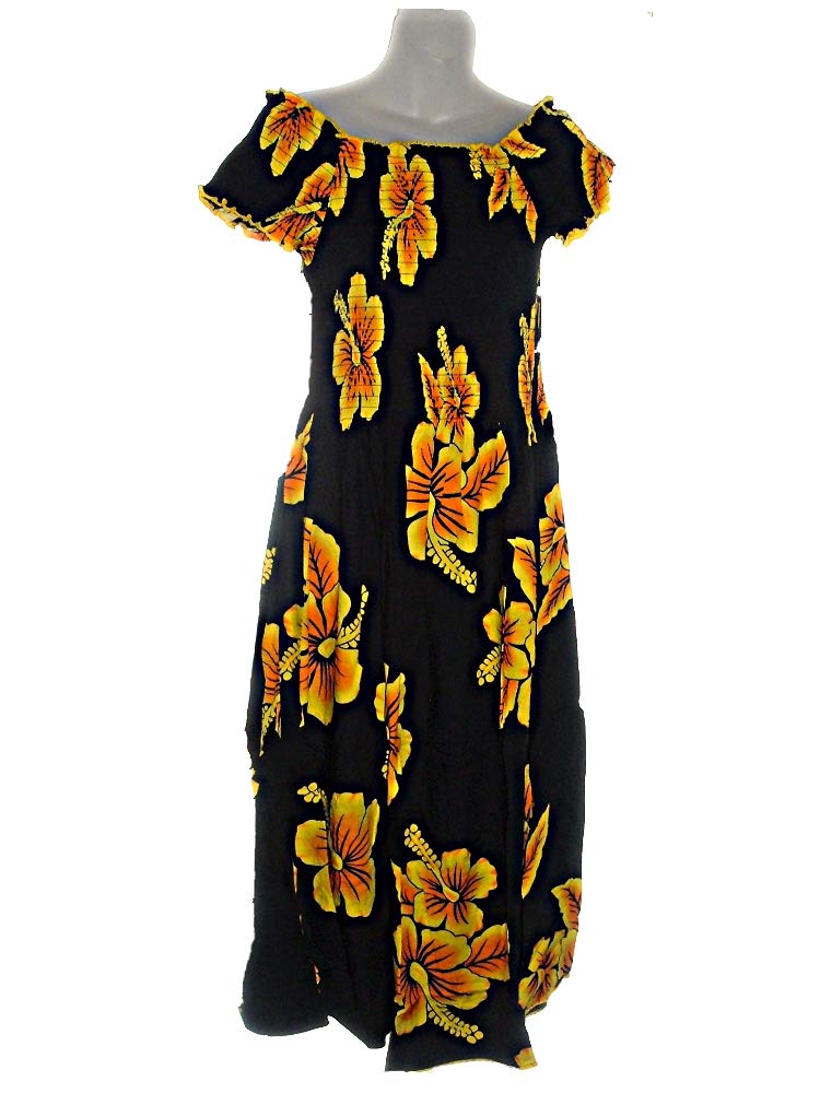 Hawaiian Yellow Hibiscus Black Cap-Sleeve Elastic Maxi Long Sun Dress (M-XL) f15