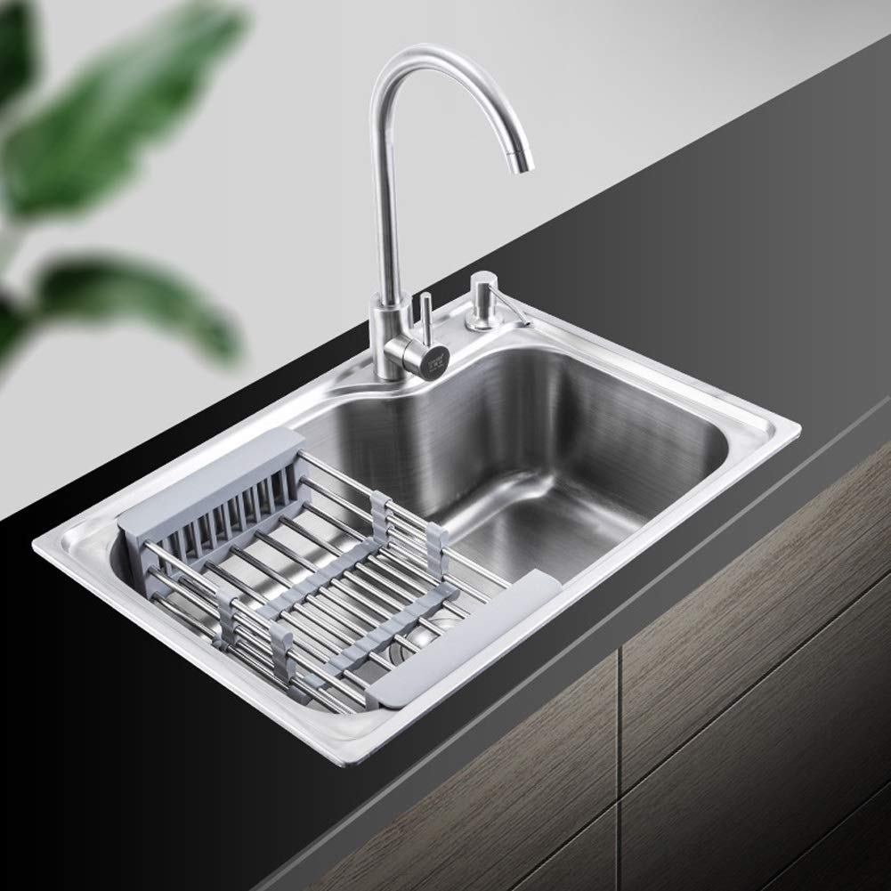 Grifo de Fregadero Individual para Cocina con Cesta escurridora de Platos, Kit Completo de fontanería, desagüe, instalación empotrada (Tamaño: 620x430x200 mm)