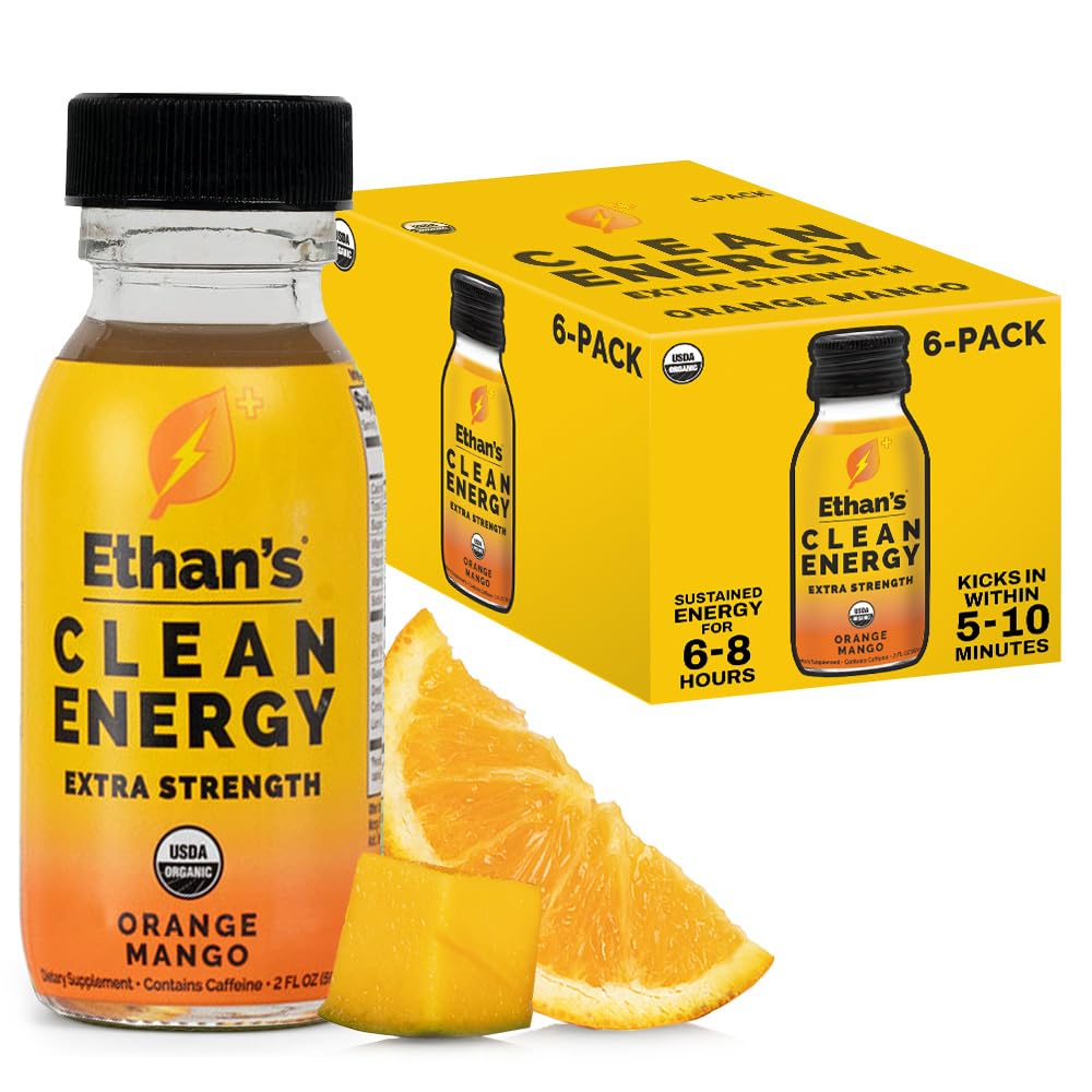 Ethan's Organic Clean Energy Shots Orange Mango Extra Strength, 6 Pack of 2oz | 200mg Caffeine | Green Tea, Guayusa, Lion's Mane &amp; Cordyceps | Sugar-Free, Vegan, Gluten-Free, USDA Organic