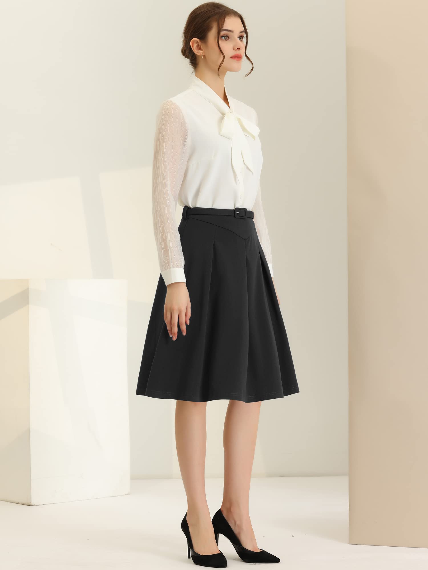 Allegra K Damenrock, Büro, Arbeit, Gürtel, Taille, Midi, A-Linie, Faltenrock