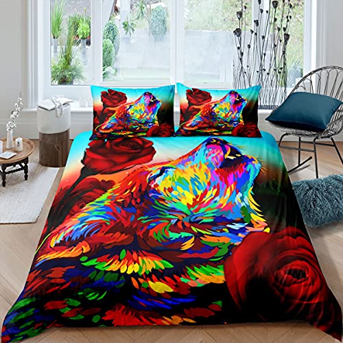 Wolf Comforter Cover Safari Animals Bedding Sets Red Rose Floral Duvet Cover Set For Kids Girls Women Rose Wolf Head Colorful Aurora Bedspreads Cover With 2 Pillow Cases Bedroom Decor Full Size #TOP18