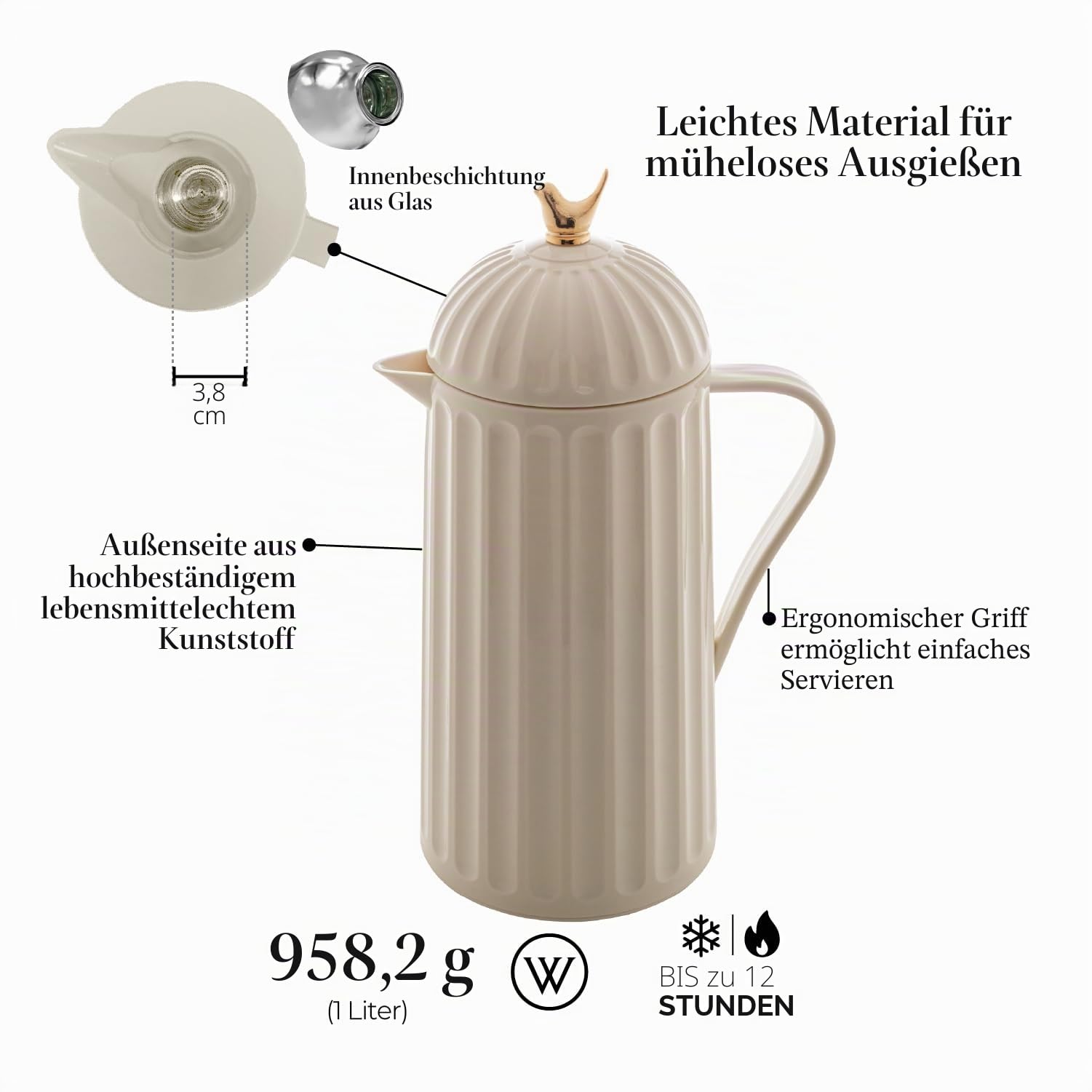 WOLFF White Bird Thermo-Kaffeekaraffe, außen aus Kunststoff mit Glasfutter, isolierter Getränkespender für heiße und kalte Getränke, Thermosflasche für Tee, Wasserkrug – Weiß, 1 l