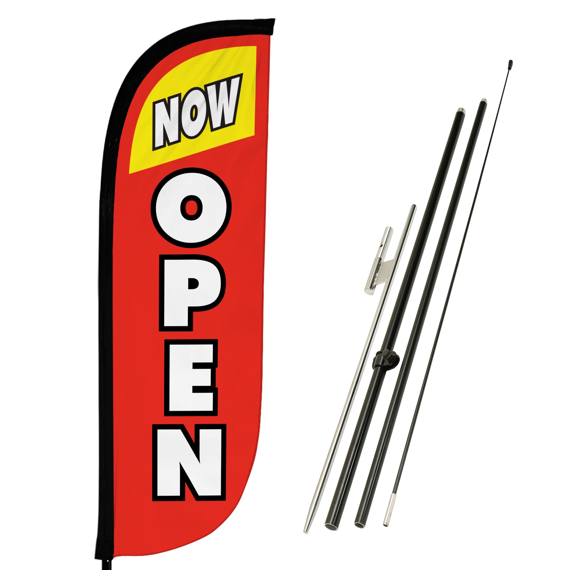 LookOurWay Feather Flag Pole Kit - 7 Feet Tall Advertising Banner with Fiberglass Pole Set and Ground Spike for Business Promotion - Open Flags - Now Open Red & Yellow