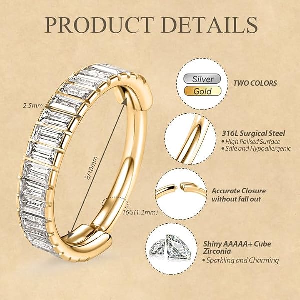 FUNLMO Conch Helix Septum Piercing Jewelry Nose Rings Hoops Cartilage Lobe Huggie Earring Baguette Gems Thick Hoop Earring 316L Surgical Steel Hinged Segment Ring 16G 10mm Gold by FUNLMO - Used condition - Image 2