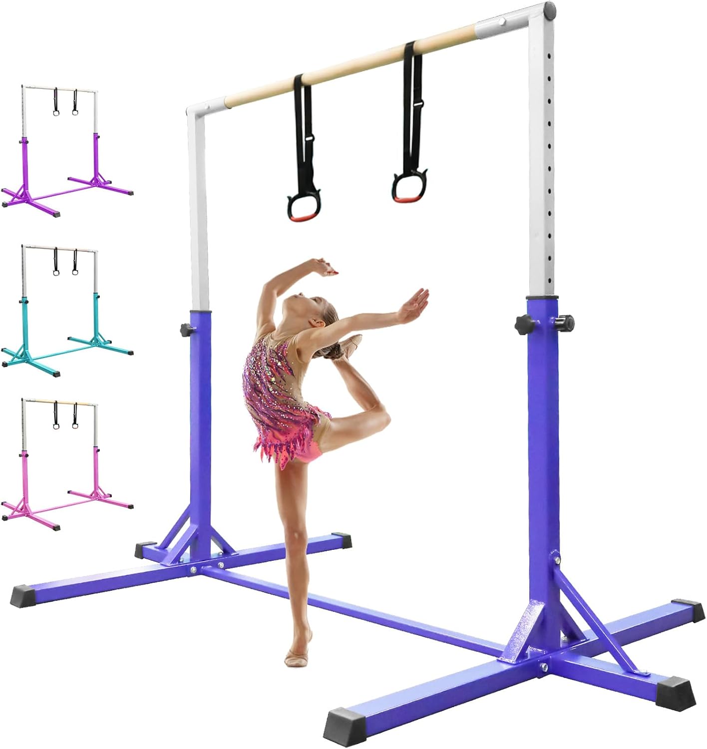 FBSPORT Gymnastics Bar Horizontal Bar with Gymnastic Rings for Kid,13 Height Adjustable, Junior