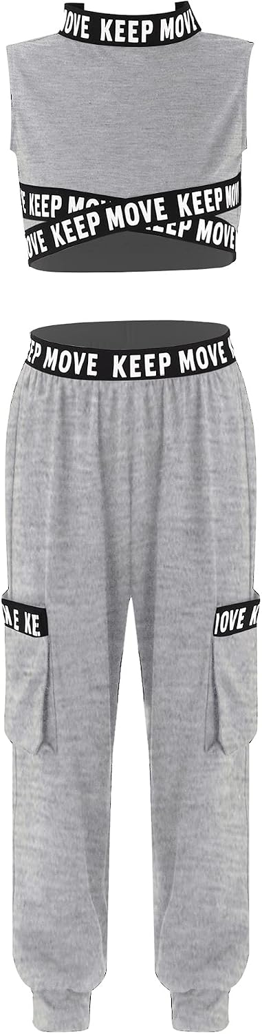 iiniim Kids Girls Athletic Outfit 2 Piece Tracksuit Sweatsuit Dance Crop Top Cargo Pants Sportswear