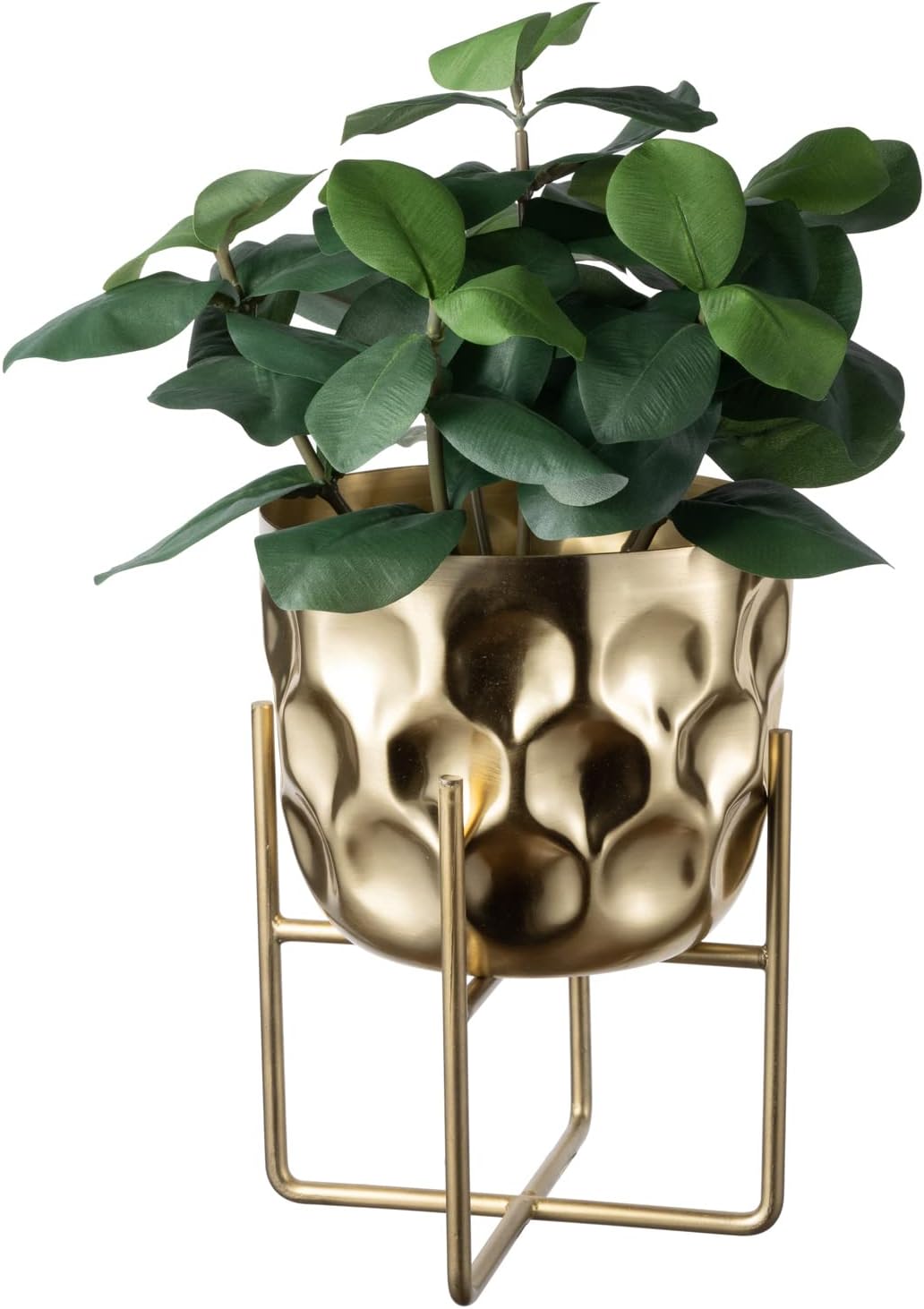 MyGift 7 Inch Deluxe Modern Hammered Brass Tone Metal Flower Planter Pot with Decorative Riser, Plant Pot with Display Stand Décor - Handcrafted in India