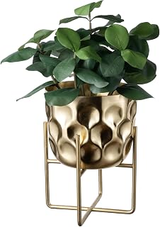 MyGift 7-Inch Hammered Brass Tone Metal Flower Planter Pot with Decorative Wire Riser Stand - Handcrafted in India