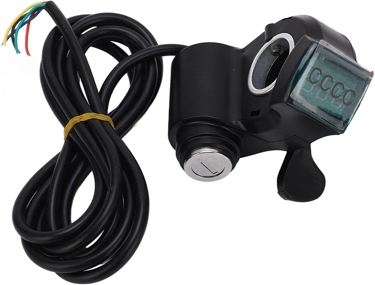 Close-up view of the thumb throttle with its digital power display and key switch.