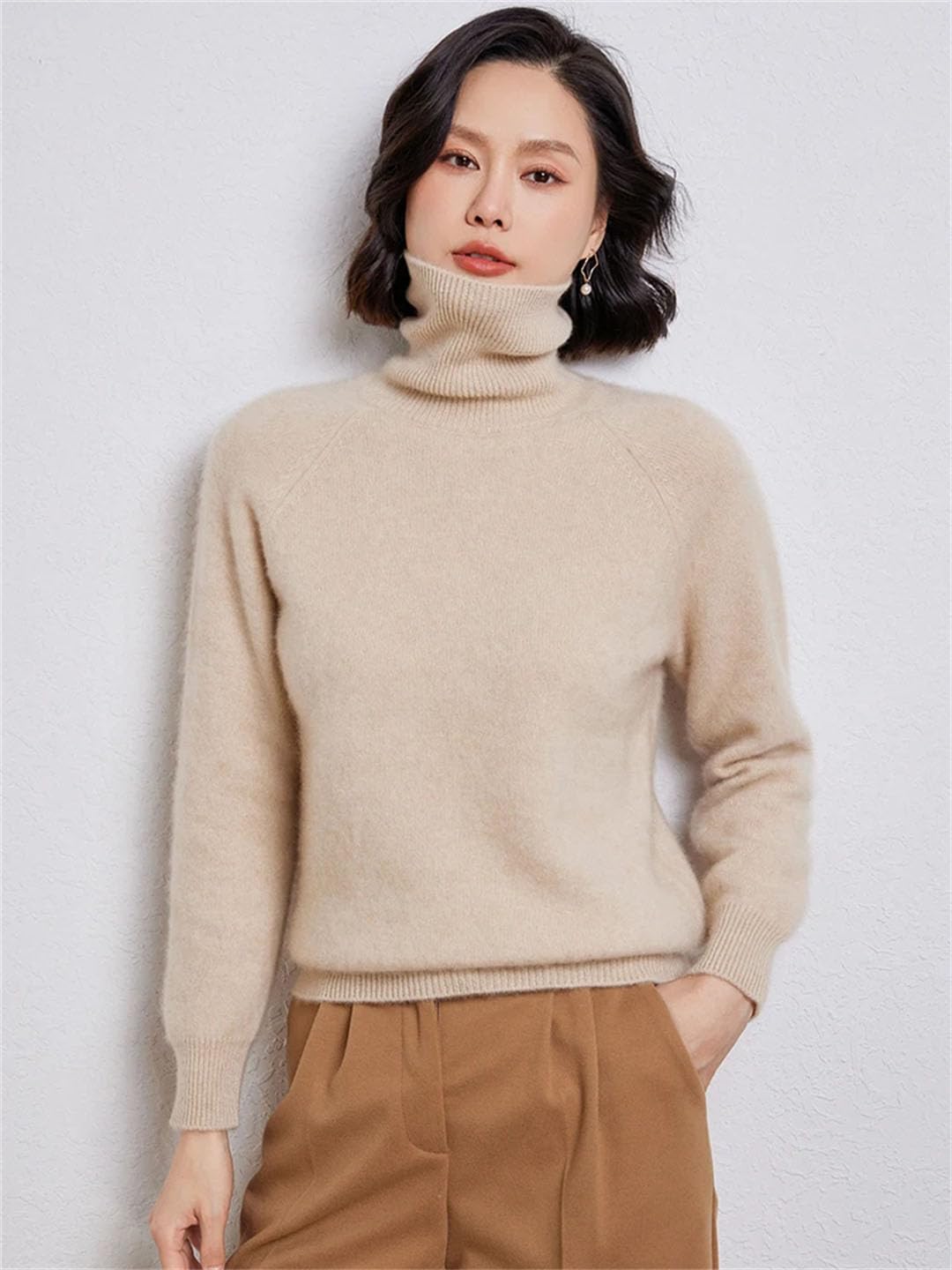 Maglioni da donna in lana tinta unita pullover a maglia spessa maglione a collo alto maglione a maniche lunghe camicie base in lana lavanda S, Lavanda, S