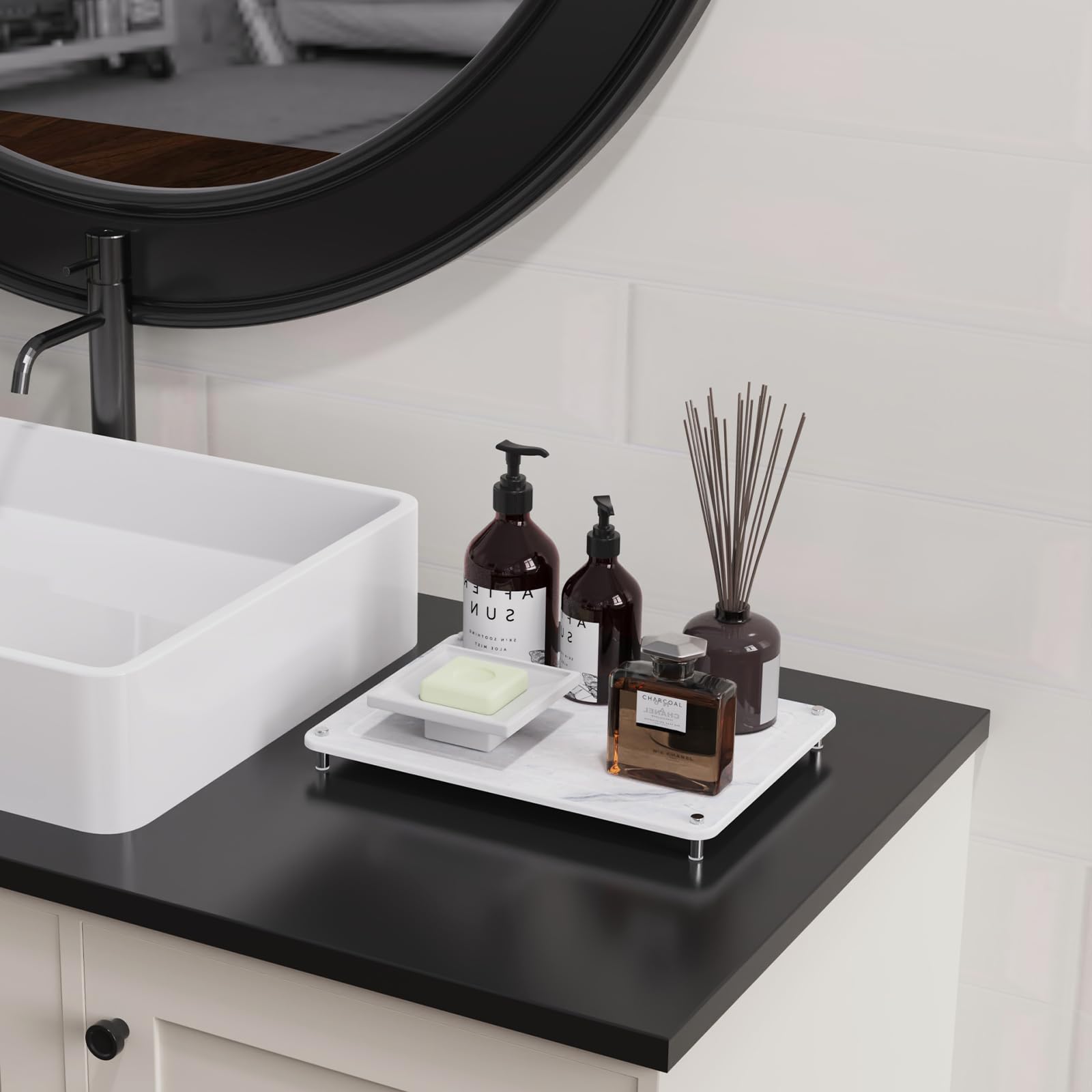 Johamoo Stone Drying Mat, Quick Drying Stone Mat for Kitchen Counter, Diatomaceous Earth Water Absorbent Dish Drying Stone Pad with Stainless Steel Feet, Bathroom Stone Drying Tray, Marble-Large