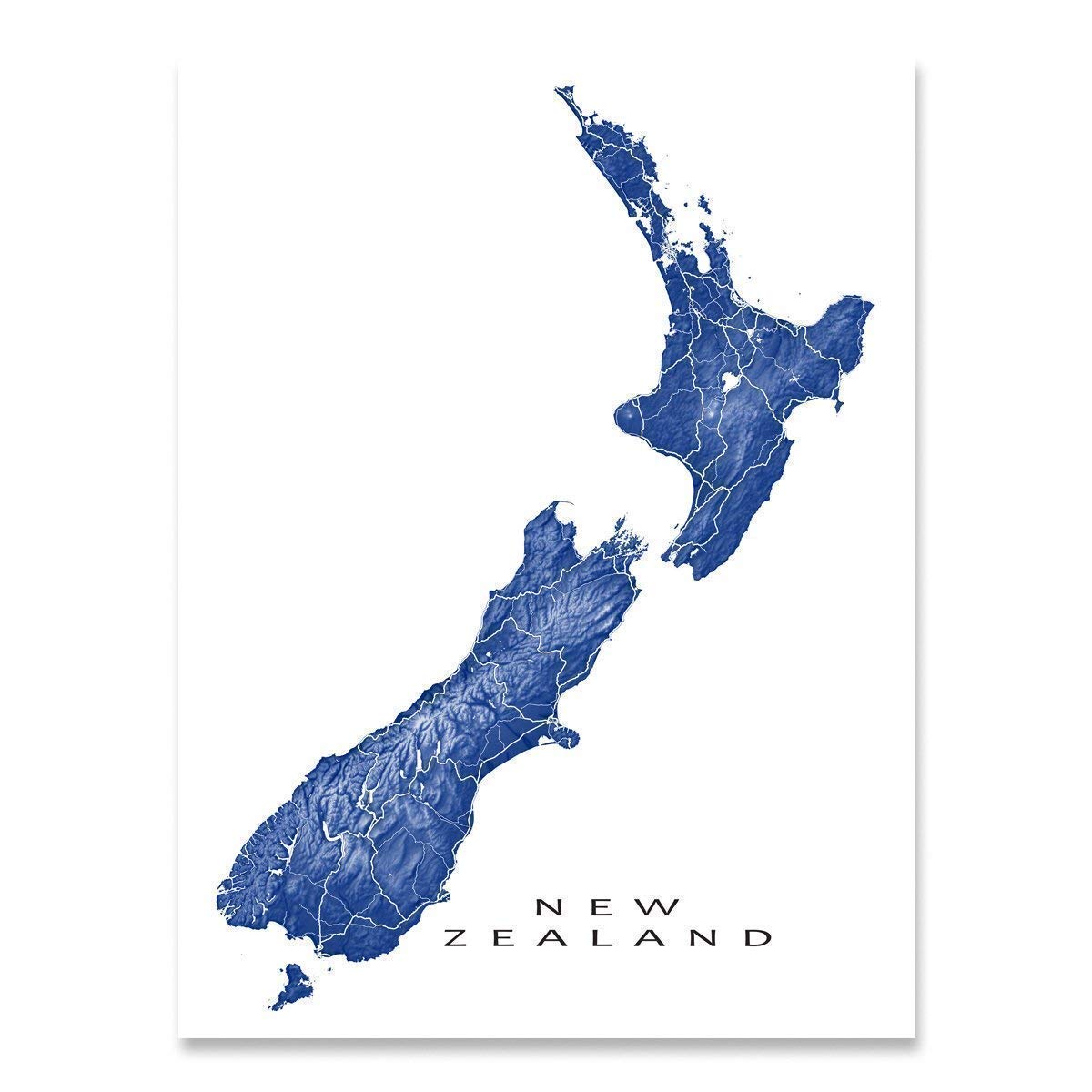 New Zealand Map Wall Art Print 8x10, New Zealand Poster 24