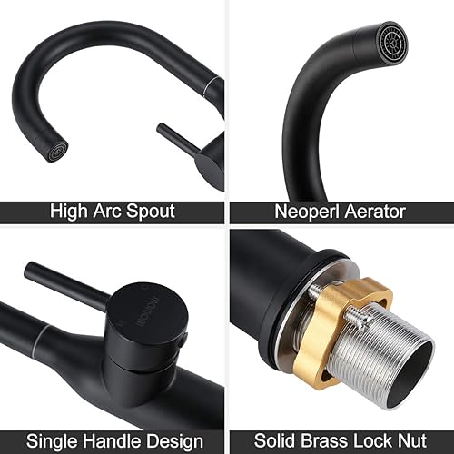 Miniatura 5 de WOWOW Grifo de baño negro - Mezclador de lavabo de arco alto para fregadero de barra de acero inoxidable con mangueras de suministro