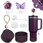 Stanley Cup Accessories Set,Including 2 Pcs 0.4in Straw Cover, 1 Silicone Spill-Proof Stopper Set of 3, 1 Cute Moon Handle Charm, 1 Silicone Boot Fits Stanley 40&30 Oz Tumbler (Plum)