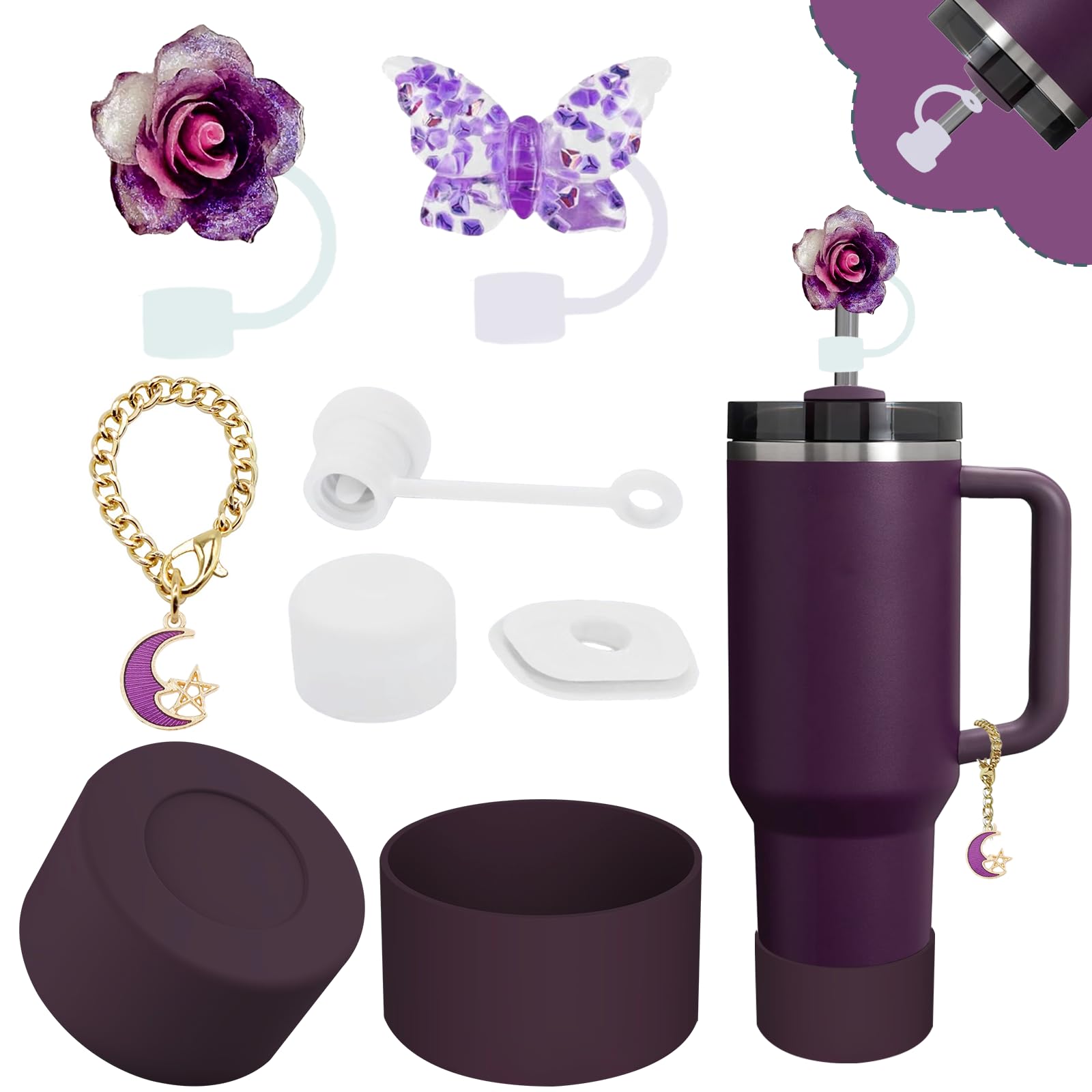 Stanley Cup Accessories Set,Including 2 Pcs 0.4in Straw Cover, 1 Silicone Spill-Proof Stopper Set of 3, 1 Cute Moon Handle Charm, 1 Silicone Boot Fits Stanley 40&30 Oz Tumbler (Plum) — image 1