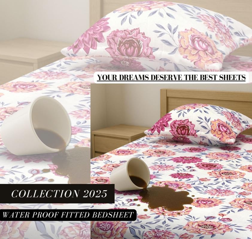 Image of HOMEKART Waterproof Fitted Bedsheet for King Size 78x72+10 inch | Leakproof, Noiseless, Skin-Friendly | Elastic Bed Sheet with 2 Pillow Covers | Dustproof & Breathable -Pink & White