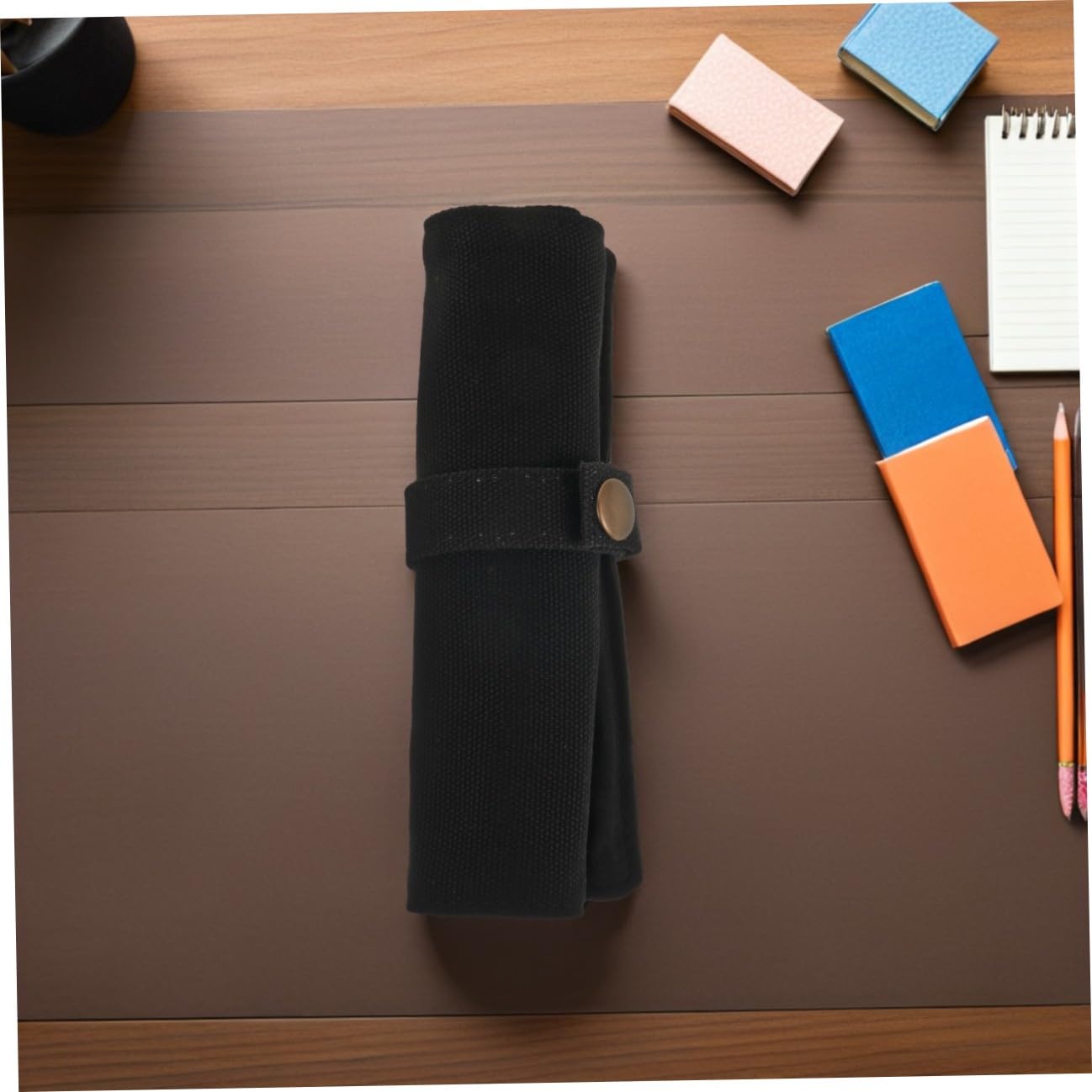 DOITOOL Portamatite a rotolo da 2 pezzi - Astuccio in tela con 5 scomparti e bottone automatico - Portapenne pieghevole nero per scuola, ufficio, penna ad acquerello, diario, cancelleria