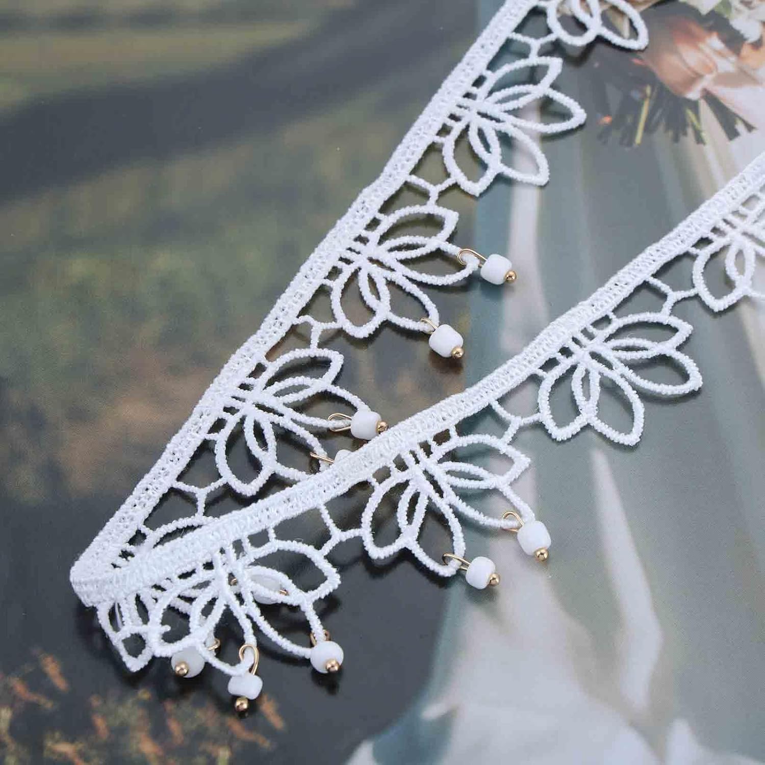 Boho Flower Lace Choker Necklace White Tassel Beads Pendant Necklace Vintage Hollow Flower Satin Necklace Adjustable Filigree Flower Necklace Jewelry for Women - Image 5