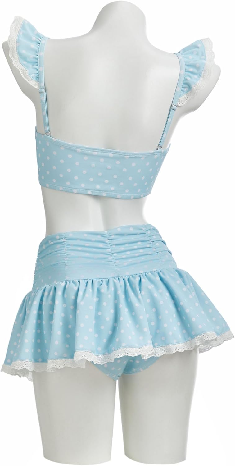 daizbella Women's Bikini Sets 90's Retro Vintage High Waist Blue Polka-dot Bathing Suit