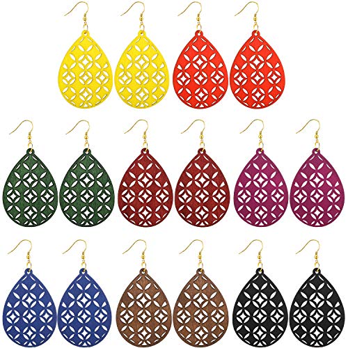 8 Pairs Women Lightweight Bohemian Earrings Wooden Teardrop Cut-Out Dangle Earrings