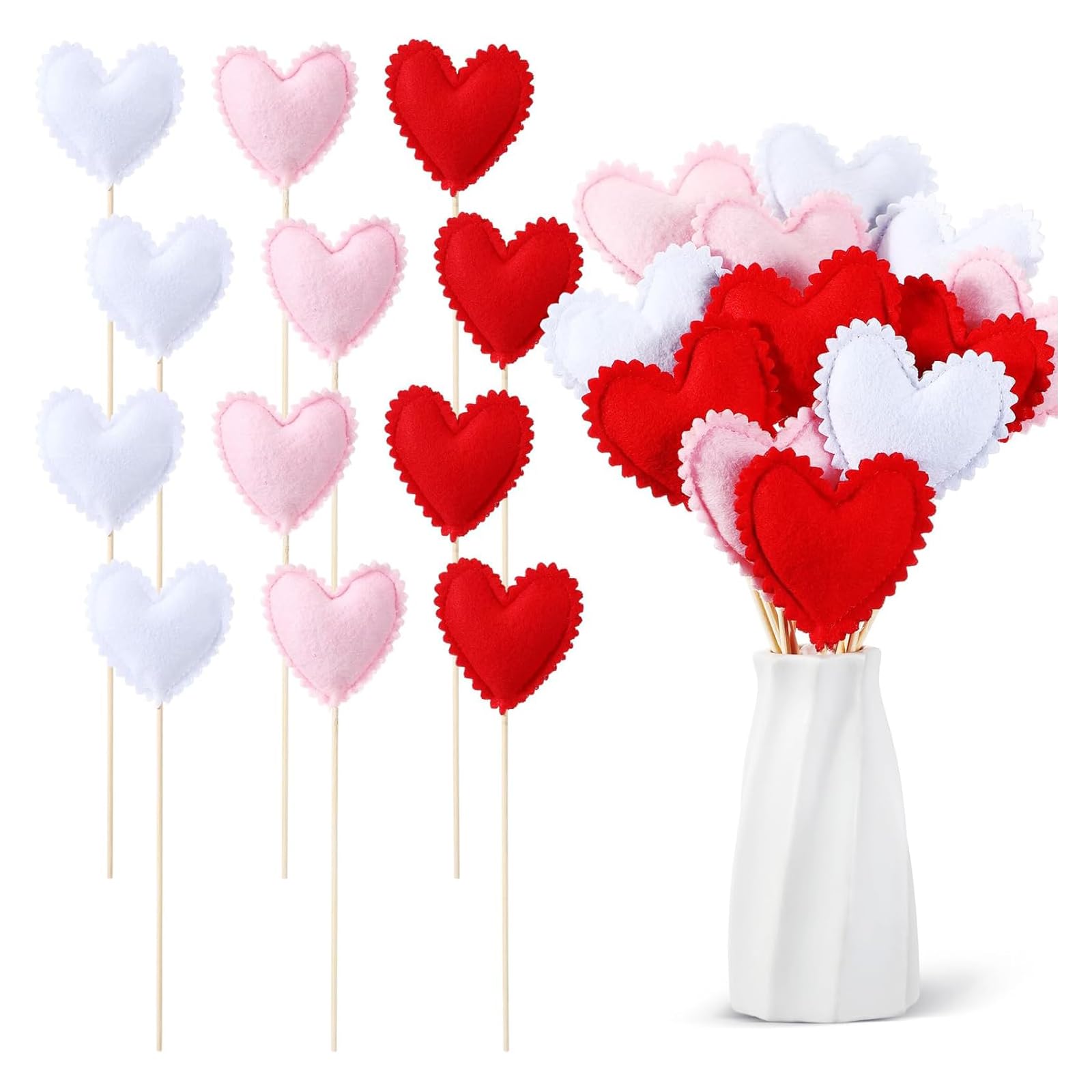 Incrizma 12 Pcs Valentine's Day Heart Picks Fabric & Felt Valentines Picks Galentines Heart Flower Stick Artificial Floral Bouquet Decoration for Vase Filler Wedding Arrangement DIY Craft-image-16