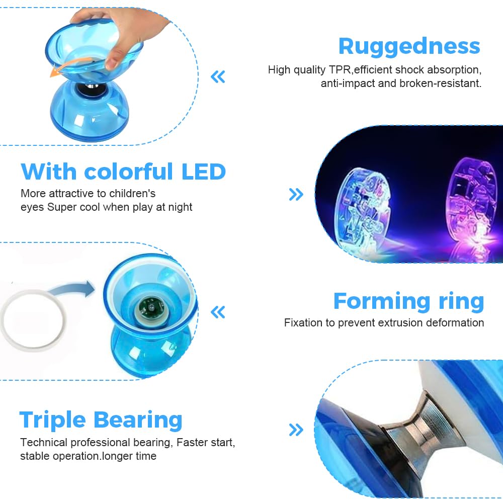 LED Diabolo Roulement à Billes, 4.5 mm Kit DiaboloSet Diabolo dans Le Noir Lumineux, Kit de Jonglerie Triple Roulement, DiaboloLumineux, pour Enfants, Adultes, Débutants Professionnels
