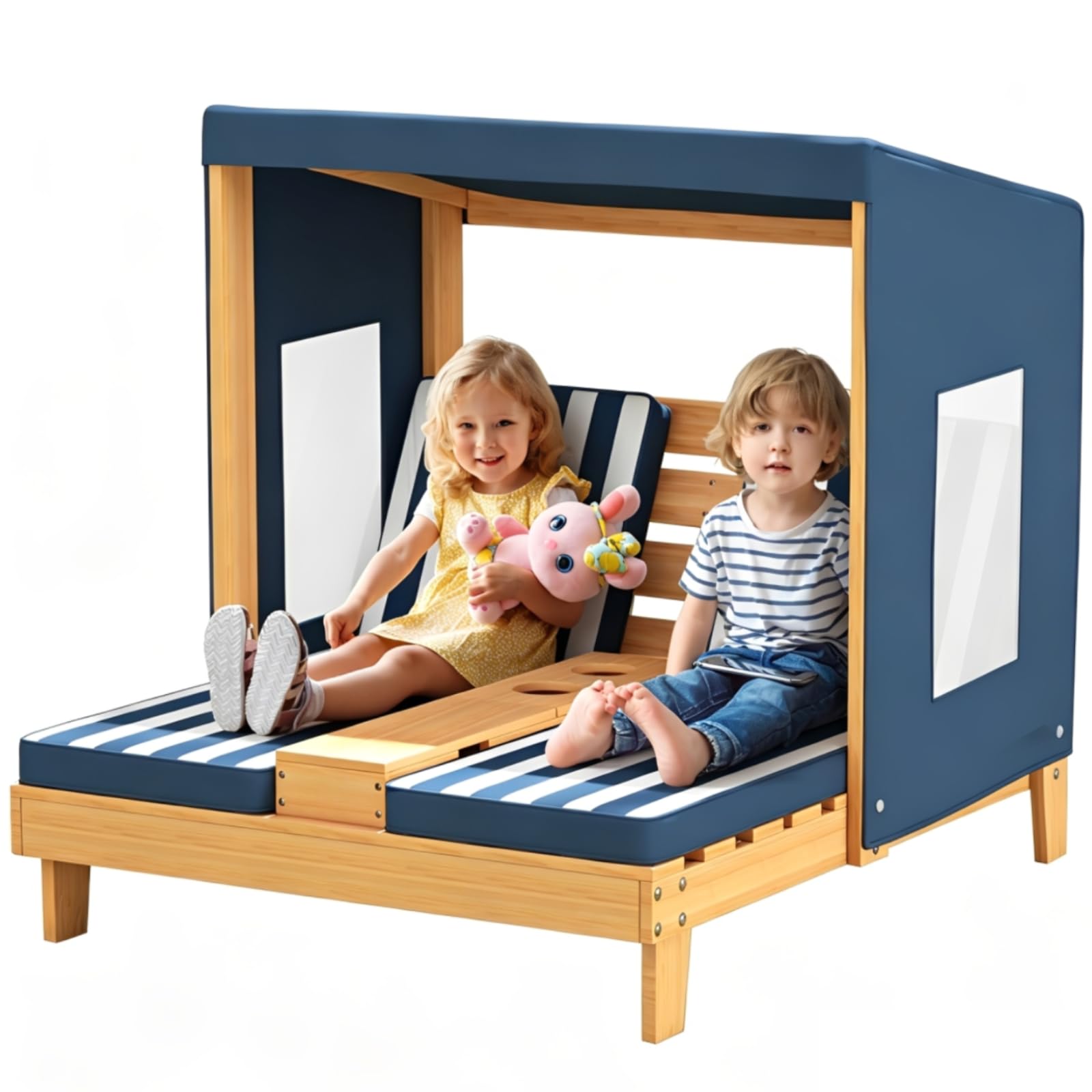 Maxmass 2-Seater Kids Sun Lounger, Double Lounge Chair with Canopy, Cushions, Cup Holders, Wooden Children Daybed Sunbed Patio Reclining Chair Garden Recliner Pool Beach, 100 KG Load Capacity