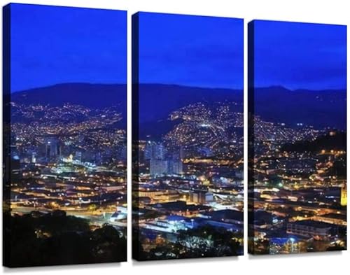 Medellín, Colombia por la noche, impresión en lienzo, obra de arte de pared, fotografía moderna, decoración del hogar, patrón único estirado y