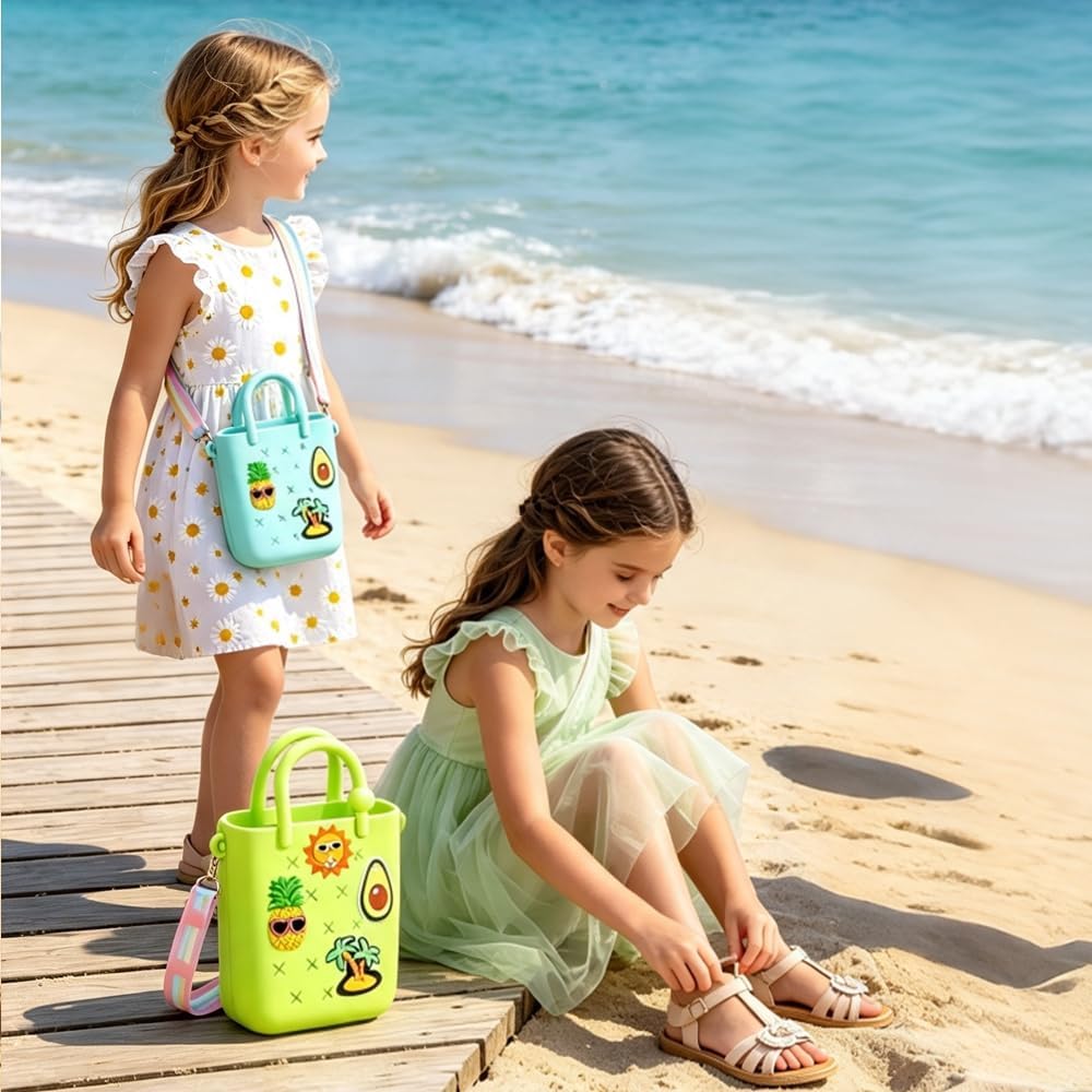 Mini Silicone Tote Bag, Rubber Beach Tote with Adjustable Strap &22 Cute Decorations for Little Girl & Woman image 3