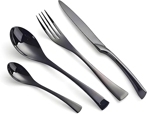 48-Piece Black Silverware Set,Stainless Steel Flatware Set for 12,Ergonomic Handle Mirror Polished Dishwasher Safe Elegant Design Cutlery Set for