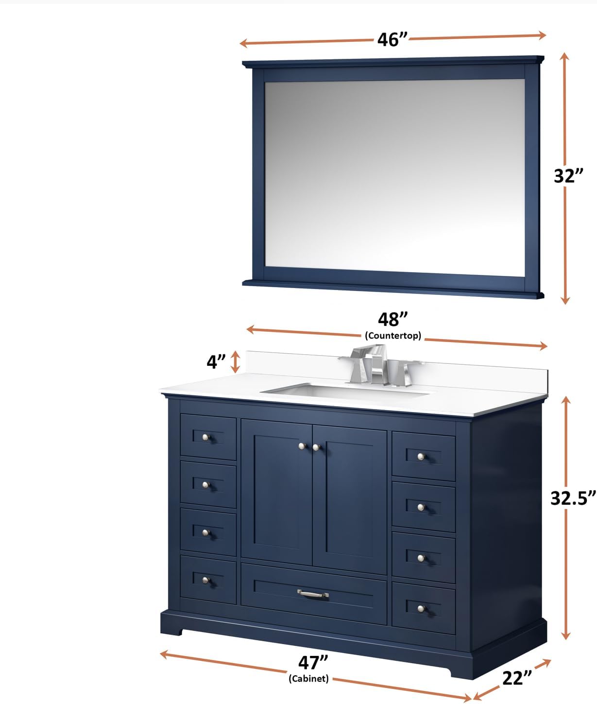 Dukes 48 in. W x 22 in. D Navy Blue Single Bath Vanity, Cultured Marble Top, Faucet Set and 46 in. Mirror