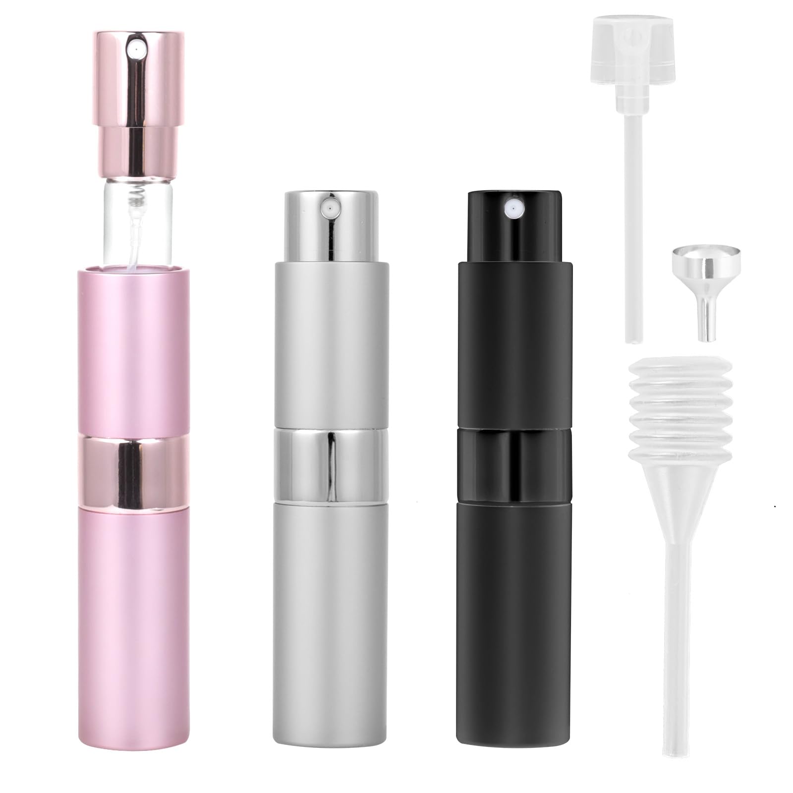 AiQInu porta profumo da viaggio, 3 pezzi 8ml Mini bottiglie spray portaprofumo da viaggio ricaricabile con dispenser per i viaggi e le uscite (rosa + argento + nero)