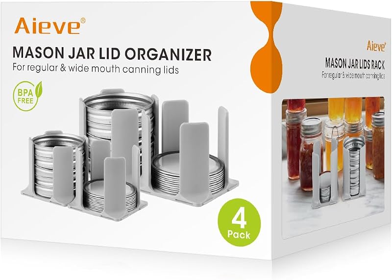 Aieve Mason Jar Lid Organizer, 4 Pack Canning Lid Storage Rack for Storing Wide & Regular Mouth Lids and Rings