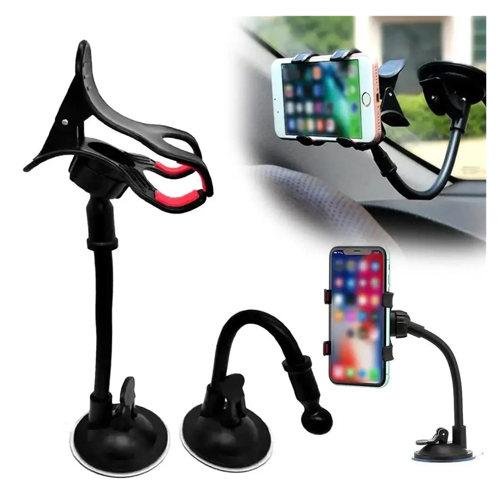 Supporto flessibile per telefono GPS per auto con rotazione a 360°, supporto per parabrezza e cruscotto