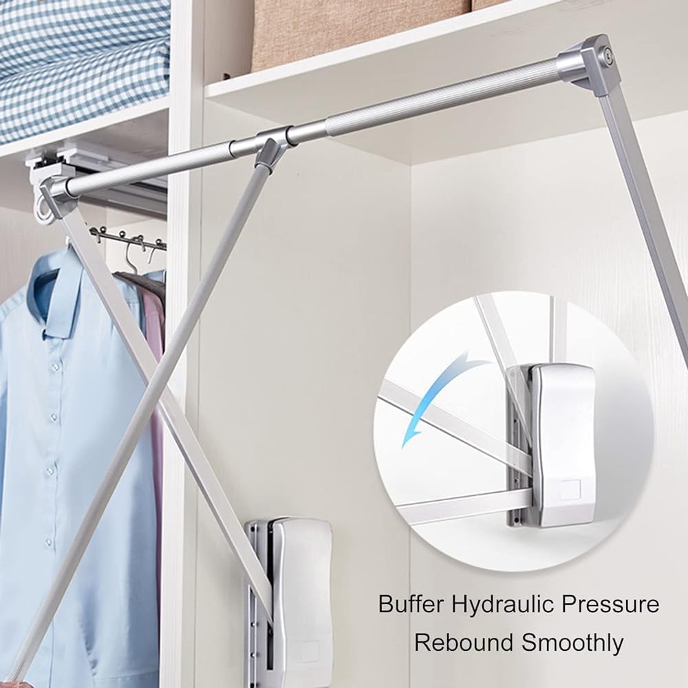 Riel para Colgar Ropa de Armario con elevación Extensible, Ancho Ajustable 830-1150 mm (Largo), Barra para Colgar Ropa con riel Elevador para Armario