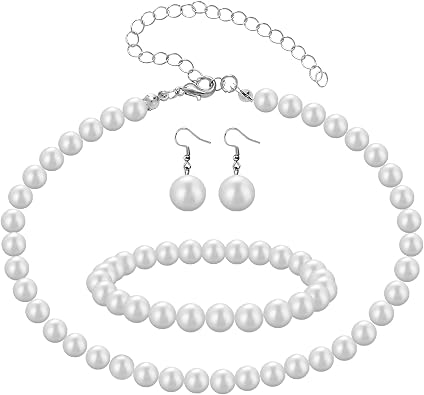 3 Pcs Pearl Jewelry Set Pearl Necklace and Earring Set White Pearls Necklace Costume Jewelry Accessories for Brides Wedding Gift Mom Wife Sister Best Friend