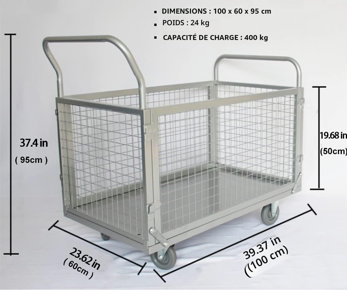 Chariot à Plate Forme Cage Plateforme Pliable Stable de Transport 100 x 60 cm 400 kg avec côtés Amovibles, 4 in 1 de Transport Magasin manutention Stockage avec Freins