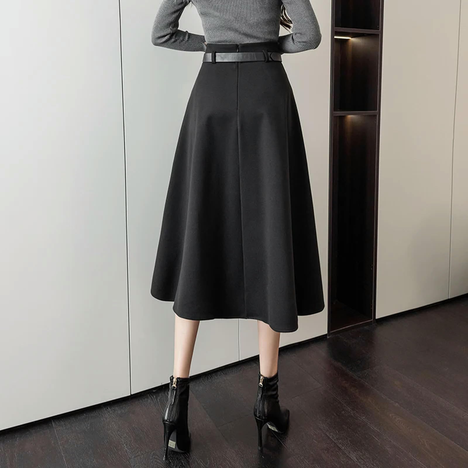 Gonna Lunga Donna caffè Elegante Moda Inverno Caldo Gonna per Donna Alta Vita Casual Grande Oscillazione Gonna di Mezza Lunghezza con Cintura-caffè-l