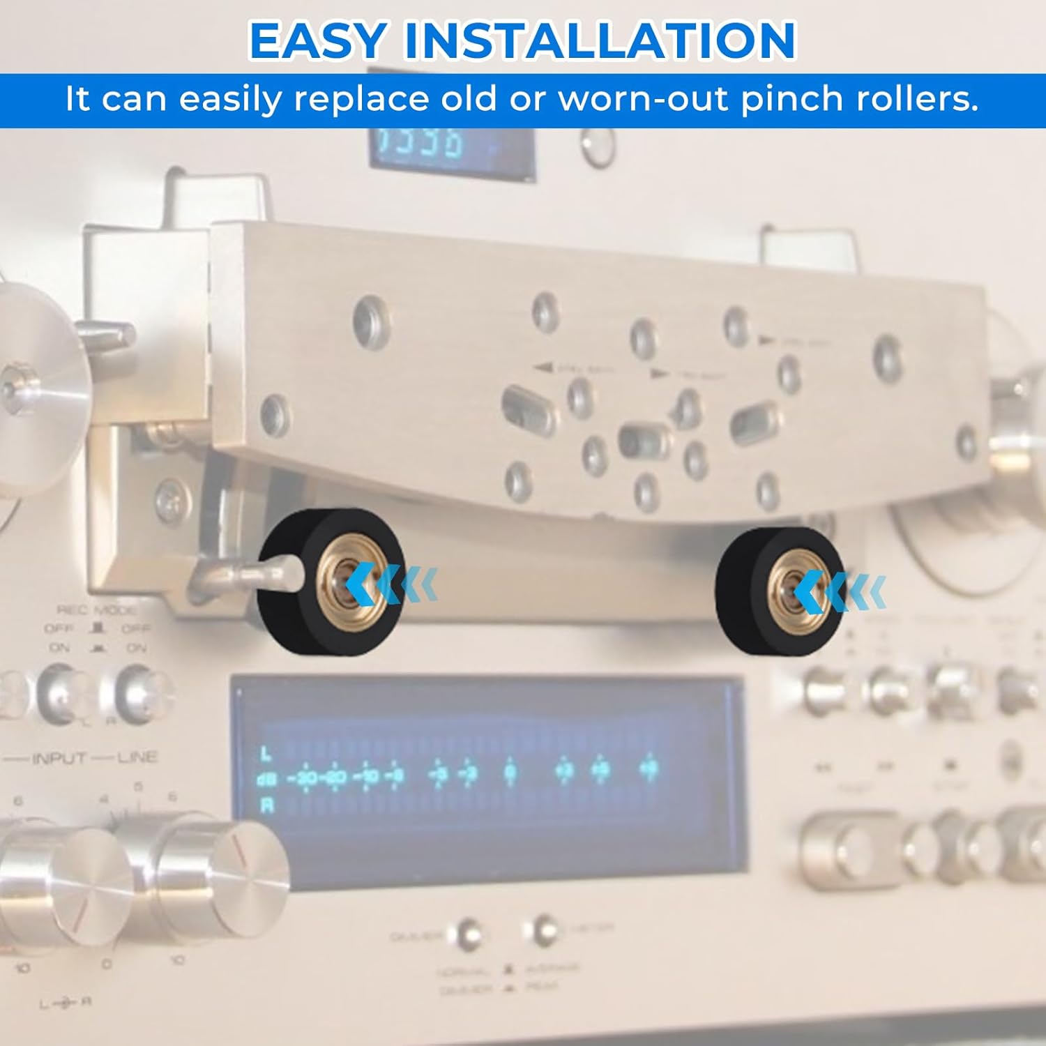 Diagram illustrating the easy installation of pinch rollers onto a reel to reel tape deck mechanism