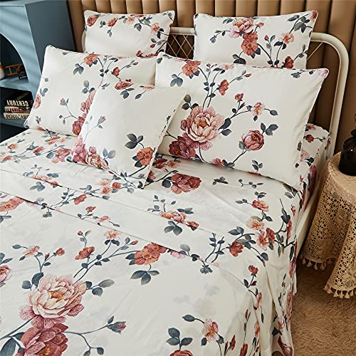 Image of FADFAY Sheets Set Queen Shabby Beige Floral Bedding Elegant Peony Sheets Set Vintage Flower Bedding Collections Soft 100% Egyptian Cotton 800 Thread Count Deep Pocket Fitted Sheet, 4Pcs-Queen Size