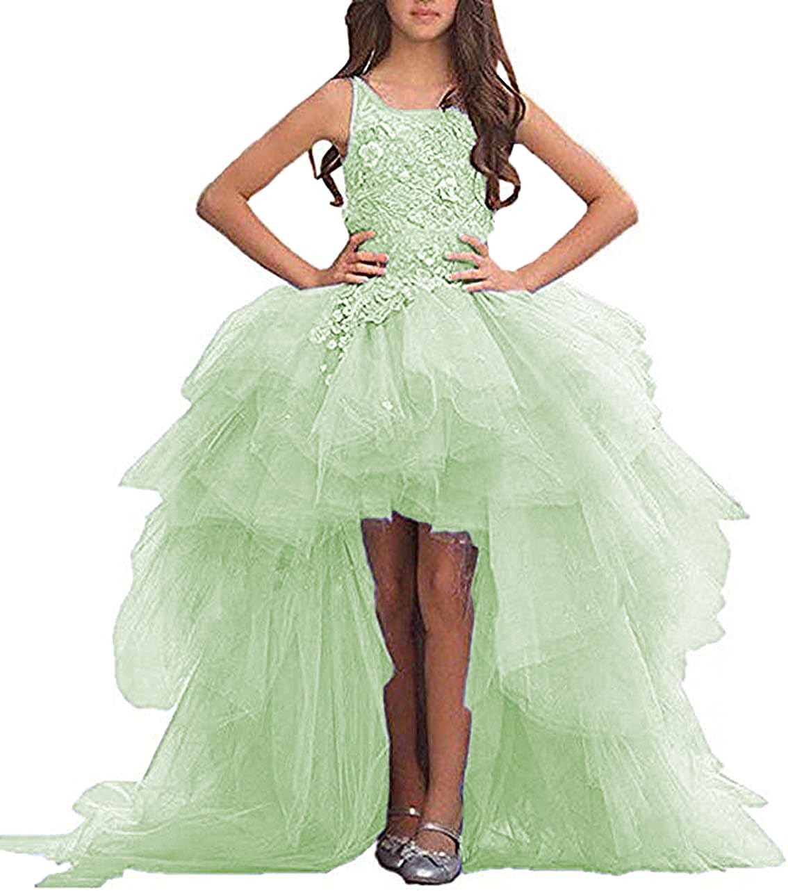 High Low Flower Girls Dresses Appliques Tulle Communion Party Princess Wedding Pageant Ball Gown Dress