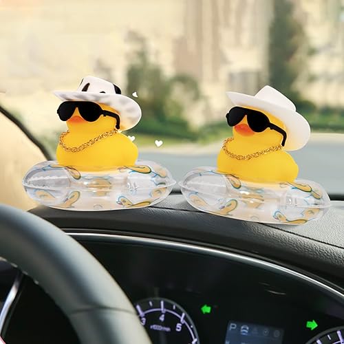 Miniatura 7 de wonuu Car Duck - 4 adornos de pato de goma para automóvil, decoración de tablero de automóvil de pato amarillo con mini sombrero, anillo de