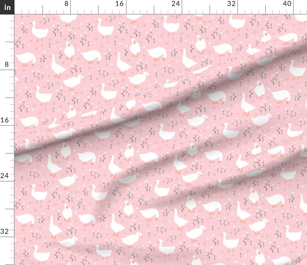 Spoonflower Fabric - Geese On Pink Whimsical Goose Cute Spring Meadow White Orange Printed on Petal Cotton Fabric by The Yard - Sewing Quilting Apparel Crafts Decor