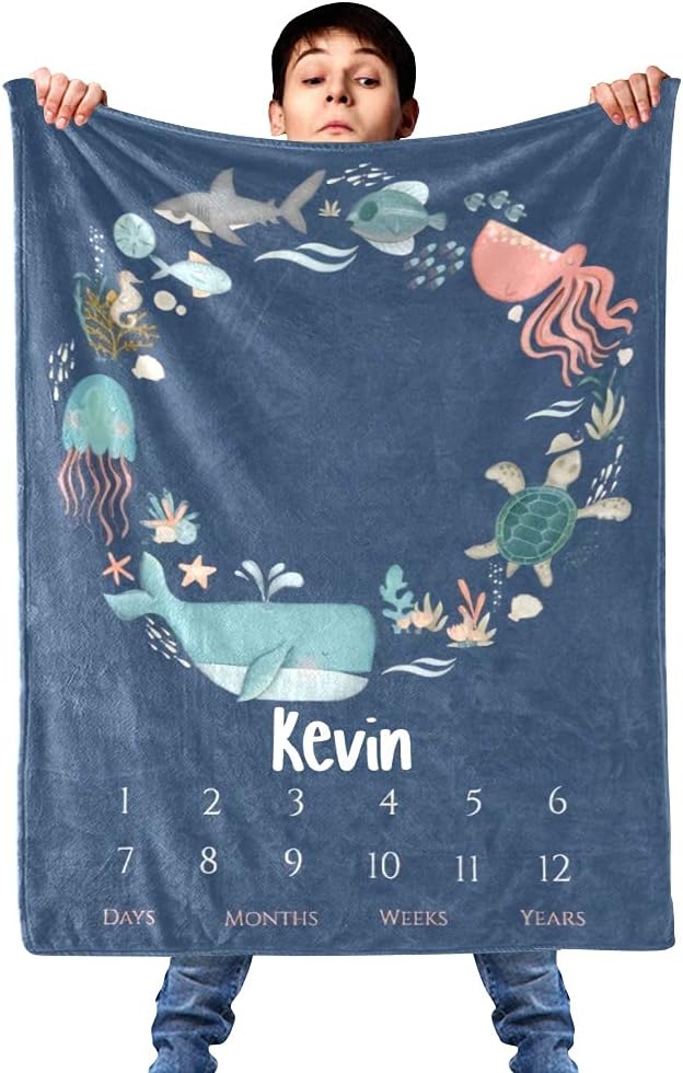 Milestone Whale Ocean Animal Fleece Throw Blanket with Name Personalized Swaddling Blanket for Boy Girl Birthday Gift 30x40 Inches
