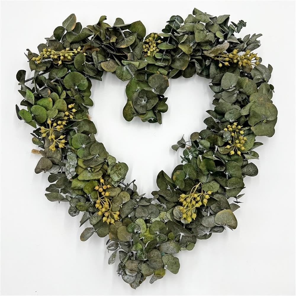 Pemberly Row Green Eucalyptus Heart Wreath, 14x2x14 in, Preserved Real Eucalyptus, Rich Green Color, Handcrafted Valentines Day Decor for Door, Wall or Tabletop, Farmhouse Rustic Style