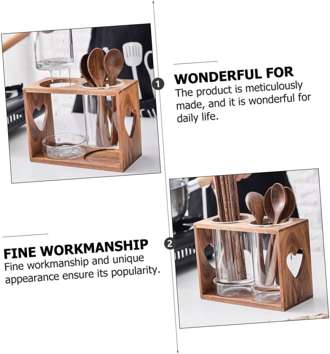 Garneck Glass Chopstick Holder and Drain Rack Acacia Wood Utensil Organizer for Kitchen and Restaurant Compact Cutlery Storage with Water Collection Dishes