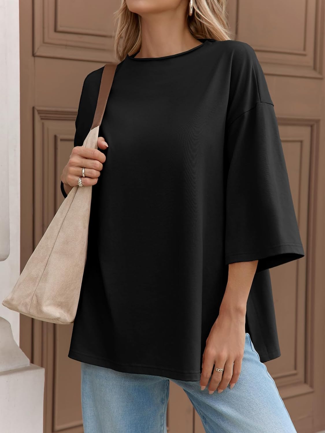 Fisoew Womens Oversized T Shirts Casual 3/4 Sleeve Side Slit Workout Gym Loose Fit Summer Tee Tunic Tops - Image 3