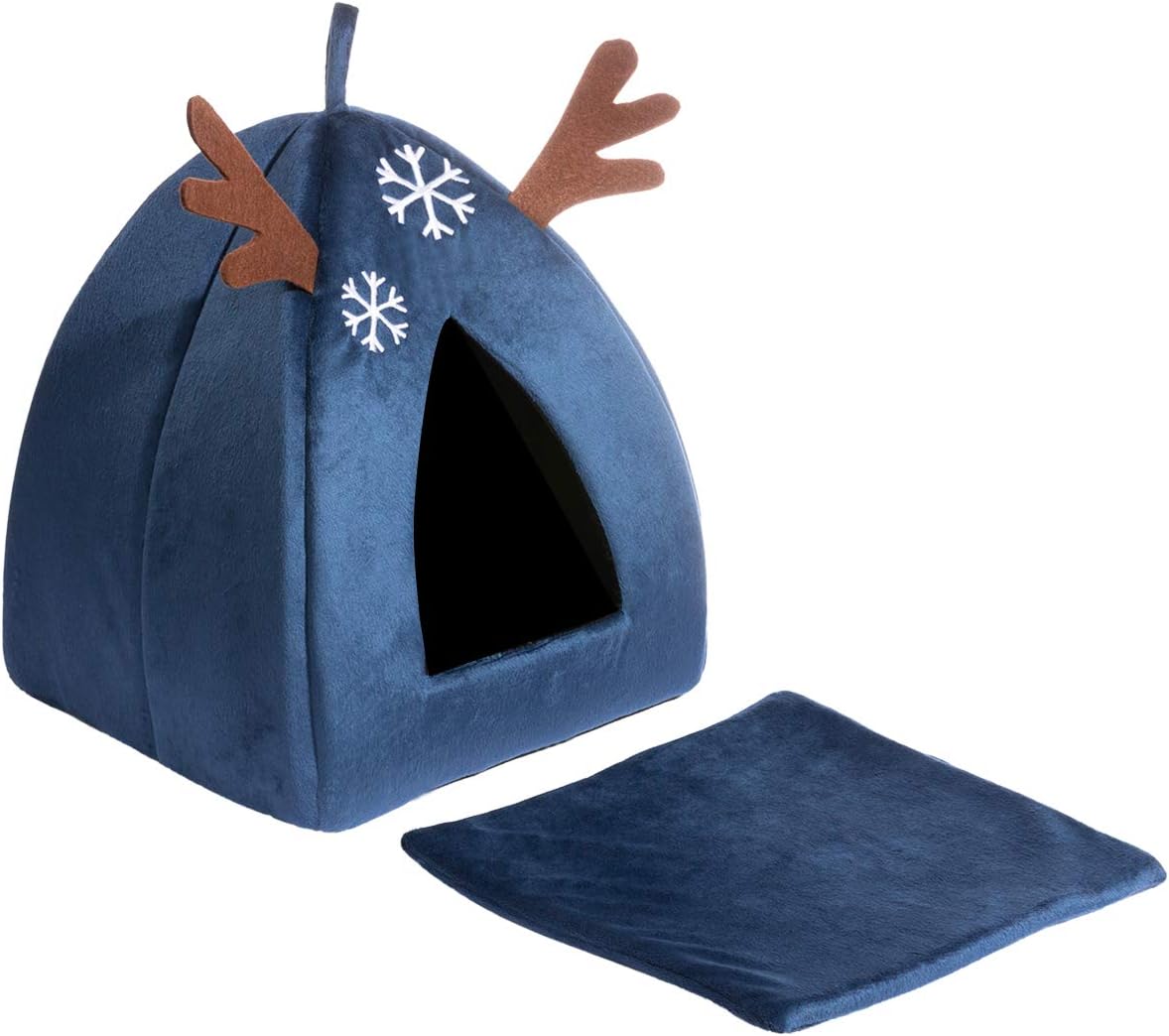 Hollypet Self-warming 2 in 1 Foldable Comfortable Triangle Cat Bed Tent House, Dark Blue Deer