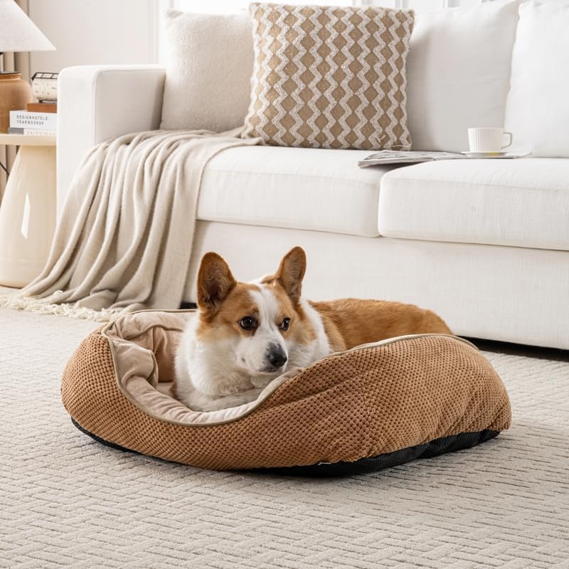 Happy Pets Luxury Orthopedic Pet Bed, Wide Stripe, Brown or Dark Gray Square Nest Bolster Design, Machine Washable Cover, for All Breeds (Brown, 35" x 25" x 9")