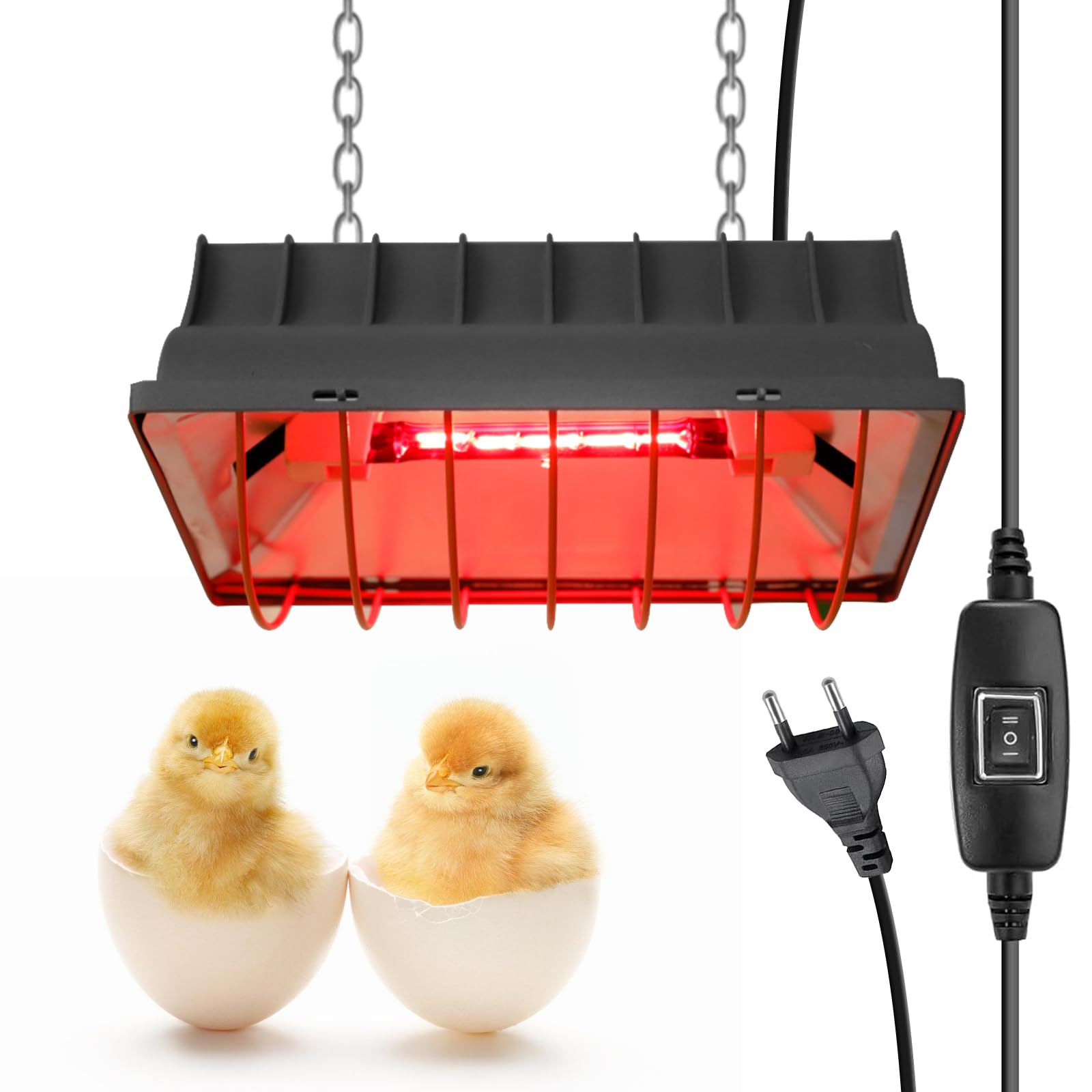 BORDEAG Lámpara de luz roja para pollitos, 175 W, lámpara de calor, pantalla de animales, radiador de calor con interruptor de ahorro, calentadores para gallineros, reptiles, terrario, con cadena de